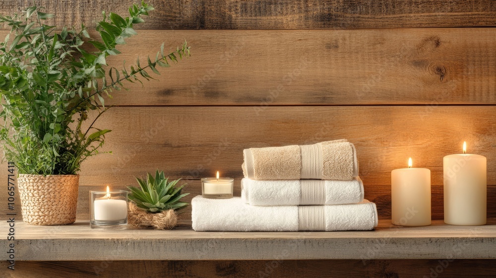 Poster arranged towels and candles on wooden shelf create spa like atmosphere, ideal for relaxation and pam