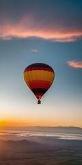 Fototapeta premium Hot air balloon ride in the sky above landscape at sunrise or sunset. Tourism, travel attraction and adventure concept. Generated AI