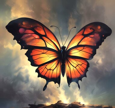 Illustration of flying baterfly with dramatic backgorund