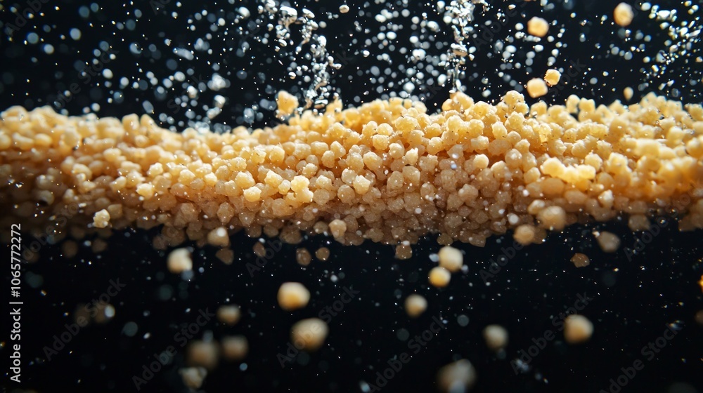 Poster couscous groats are depicted suspended water showcasing their unique texture and separation dark bac