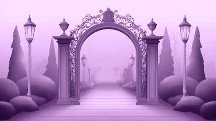 Ornate Archway in Mystical Garden with Topiary Bushes and Lanterns at Dawn