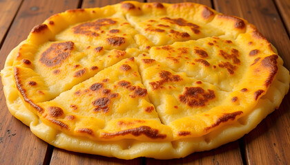 Deliciously baked cheese flatbread served on a wooden table with a golden crust and perfectly melted cheese, ideal for snacking
