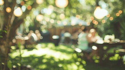 A defocused glimpse of a backyard barbecue with relaxed guests mingling and enjoying the beautiful weather.