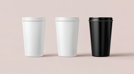 Three disposable coffee cups in white, black, and beige are arranged against a neutral background, showcasing modern design and minimalism.