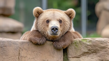 Obraz premium A brown bear gazes curiously from its cage in a modern zoo setting surrounded by glass walls in the afternoon light