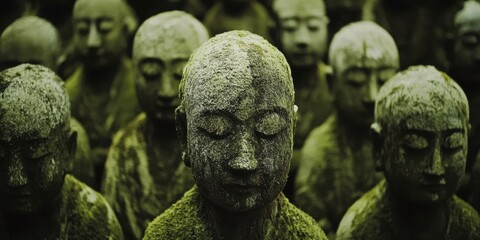 Fototapeta premium 石像の中に静けさを感じる、苔に覆われた仏像たちの集落