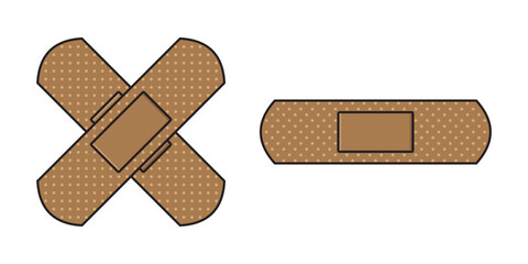 Illustration of band-aids: one is cross-shaped, the other is straight, with white dots.