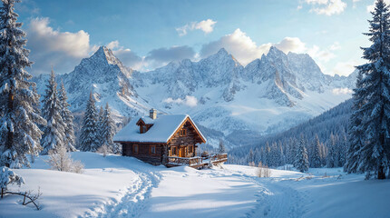 Cozy Cabin in Snowy Mountain Landscape