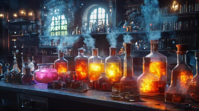 A mysterious alchemist&rsquo;s lab filled with bubbling potion bottles emitting warm, fiery glows, steam rising, creating an aura of magic and mystery suitable for Halloween or fantasy themes