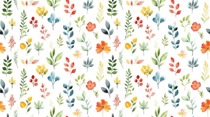 Seamless watercolor pattern of vibrant home plants and flowers on a clean white background ideal for fabric and wallpaper design