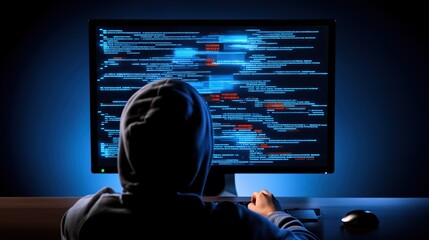 Hacker in hooded sweatshirt at computer with code on screen - Powered by Adobe