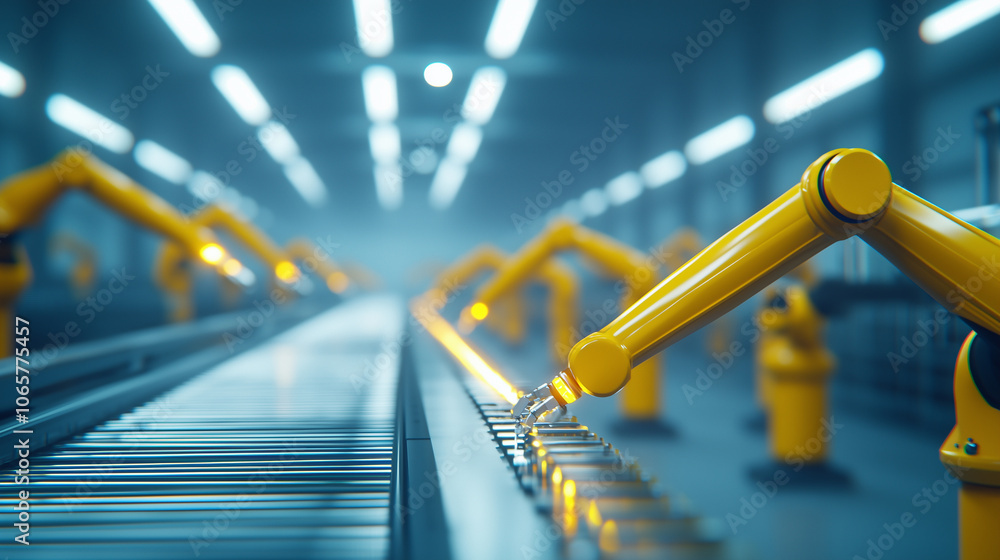 Poster automated factory with synchronized yellow robotic arms