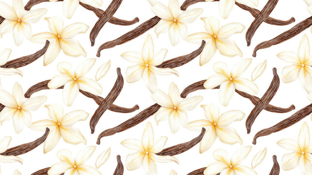 Seamless watercolor pattern featuring delicate vanilla flowers and fragrant vanilla beans on a white background