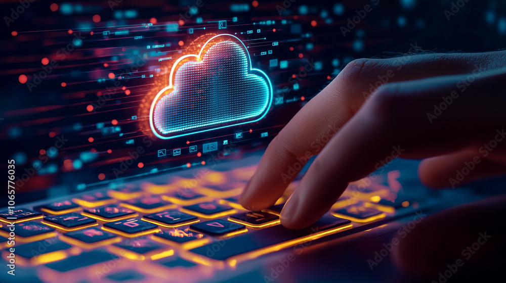 Poster close up of hand typing on keyboard with digital data icons