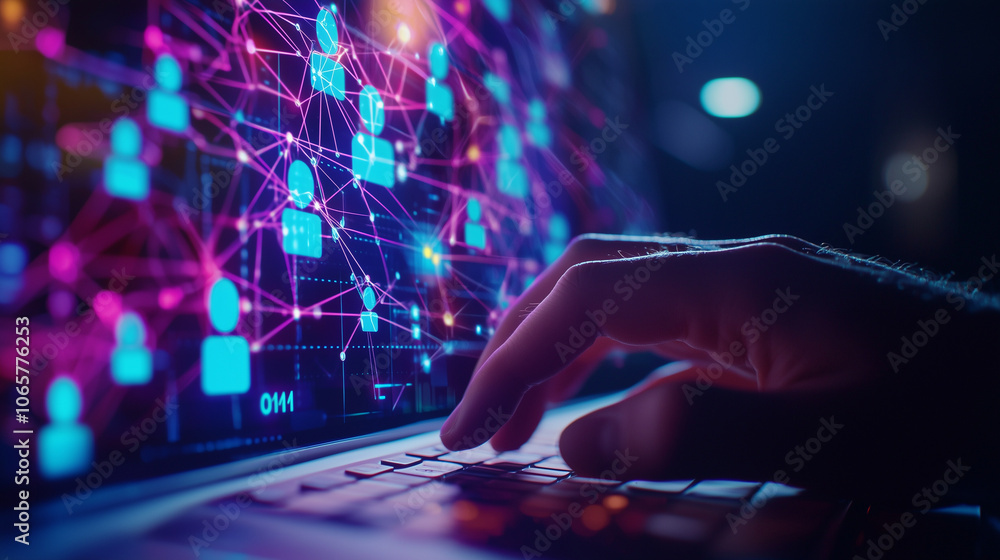 Poster hand on keyboard with digital cloud data connections