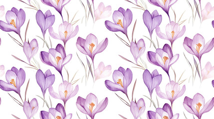 Seamless watercolor pattern featuring delicate crocus branches on a white background ideal for spring themed designs and textiles