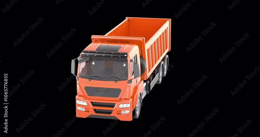 Poster tipper truck, dump truck, rotation animation, seamlessly loopable. 3d rendering isolated on transpar