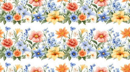 Fototapeta premium Seamless pattern of watercolor flowers including bellflower peony lilies pansy and rose on a white background perfect for fabric design and stationery