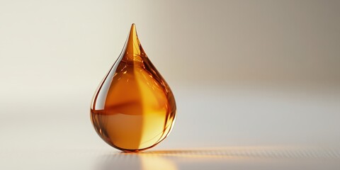 Fototapeta premium A close-up image of a droplet of amber liquid, elegantly shaped and reflecting soft light, This photo is perfect for use in marketing products, health and wellness campaigns, or artistic projects,