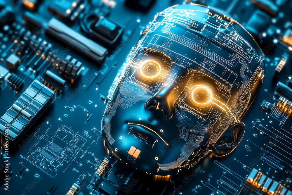 Poster a robotic head merges with a circuit board, featuring intricate designs and glowing elements of tech