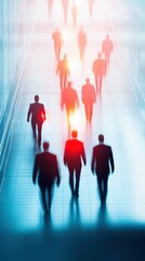 Fototapeta premium Silhouetted business people walk through a bright, modern office corridor, symbolizing corporate teamwork, movement, and the dynamics of professional environments.