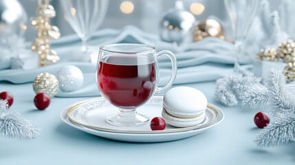 Fototapeta premium Festive Holiday Setting with Mulled Wine and White Macaron on Elegant Plate