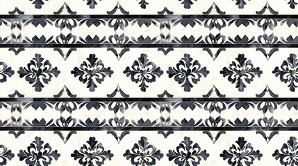 Elegant black and white seamless border scroll pattern featuring geometric watercolor frames and medallion tiles ideal for modern design projects