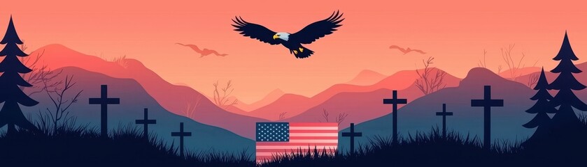 Fototapeta premium Eagle flying over a mountainous landscape at sunset.