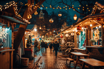 Fototapeta premium Christmas market. Christmas decorations of street.