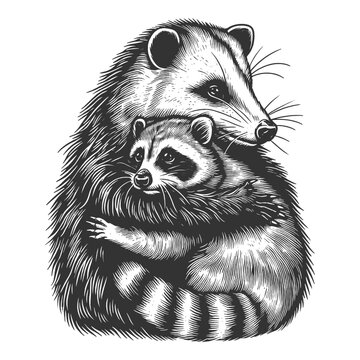 raccoon hugging opossum black and white clip art preview