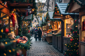 Obraz premium Christmas market. Christmas decorations of street.