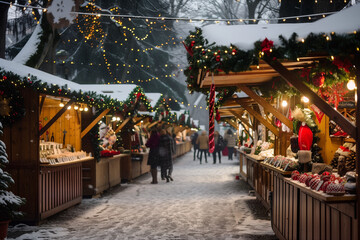 Obraz premium Christmas market. Christmas decorations of street.