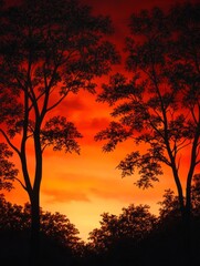Obraz premium A captivating image of two silhouetted trees against a fiery sunset, symbolizing beauty, nature, tranquility, hope, and new beginnings.