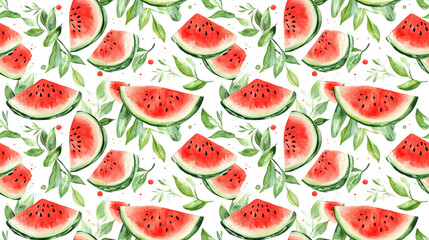 Naklejka premium Watercolor seamless pattern featuring hand drawn watermelon slices and leaves on a crisp white background ideal for textiles and creative projects