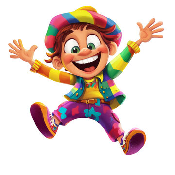 Colorful cartoon boy jumping with wide grin.