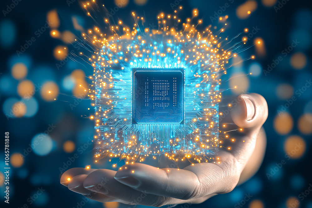 Poster a hand holds a glowing microchip surrounded by sparkling lights, symbolizing advanced technology and