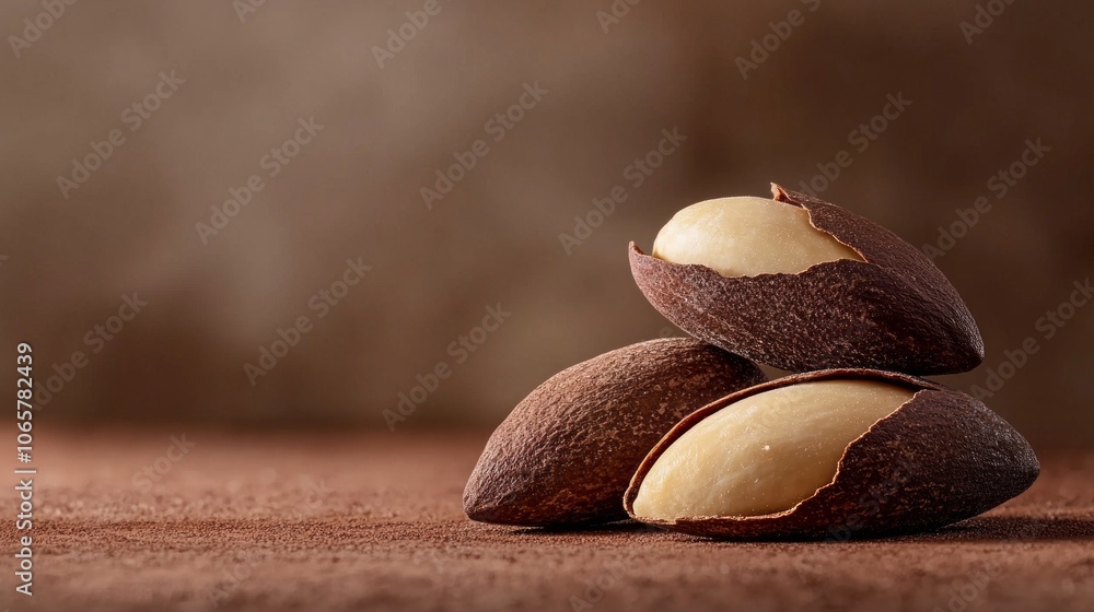 Poster three brazil nuts are displayed prominently bright background highlighting their unique textures and