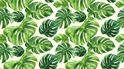 Fototapeta premium Seamless watercolor pattern featuring vibrant tropical green leaves perfect for fabric design and home decor