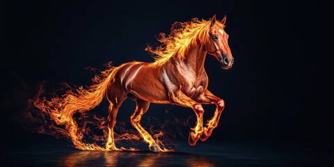 Obraz premium Fiery horse in motion against a dramatic dark background.