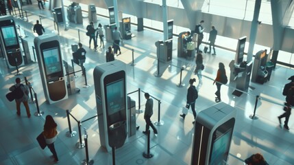 Busy airport terminal bustling with travelers at digital kiosks, advanced security screening in action, showcasing modern travel dynamics and technology in motion