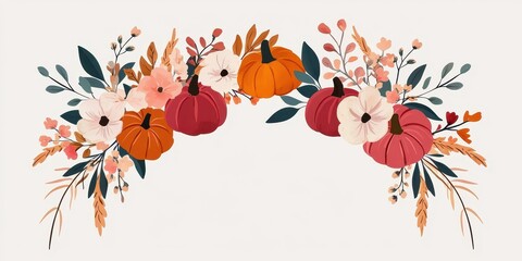 Obraz premium Floral pumpkin autumn wreath with white background.