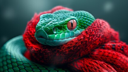 Fototapeta premium Serene emerald serpent adorned in crimson knit for minimalist design and nature themes