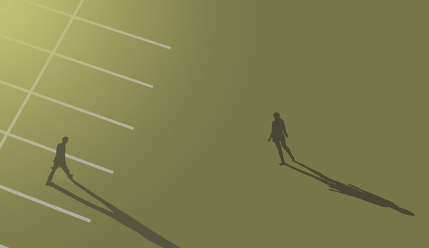 Large area for text or headlines. A woman walkkng to her car in a parking lot at night hesitates and worries as a man emerges fromt he dark nearby. This is a 3-d illustration.