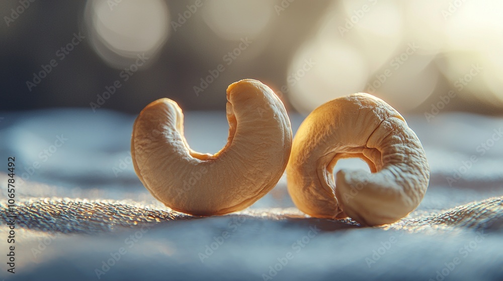 Poster two cashew nuts are displayed prominently showcasing their unique shapes and textures soft contour l