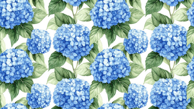 Seamless pattern of beautiful blue hydrangea bouquets in watercolor ideal for fabric design and home decor