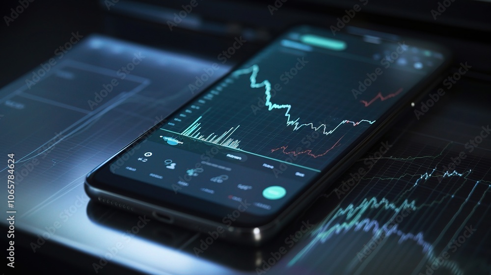 Poster smartphone with financial data and graphs on screen