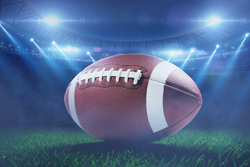 American football championship with a leather ball on the grass in a stadium with bright...