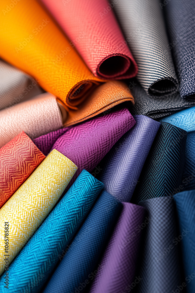 Poster vibrant rolls of textured fabric displayed in a circular arrangement, highlighting assorted colors a