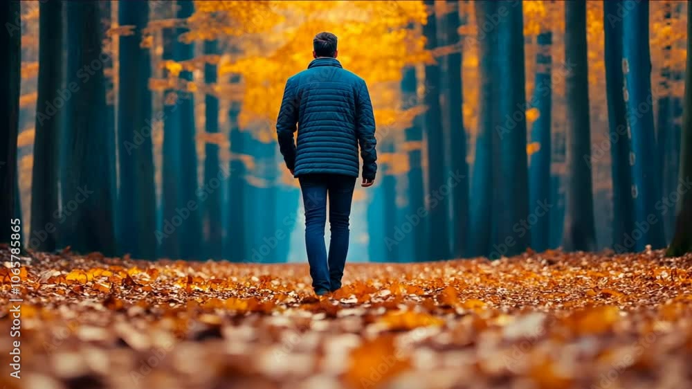 Poster man walking through autumn forest: a solitary figure strolls along a path lined with vibrant autumn 