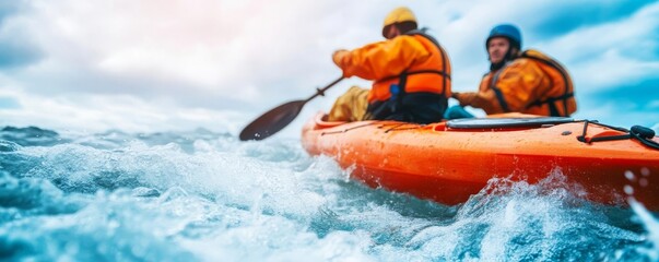 Fototapeta premium Coast guard rescuing kayaker, life-saving moment, rough waters